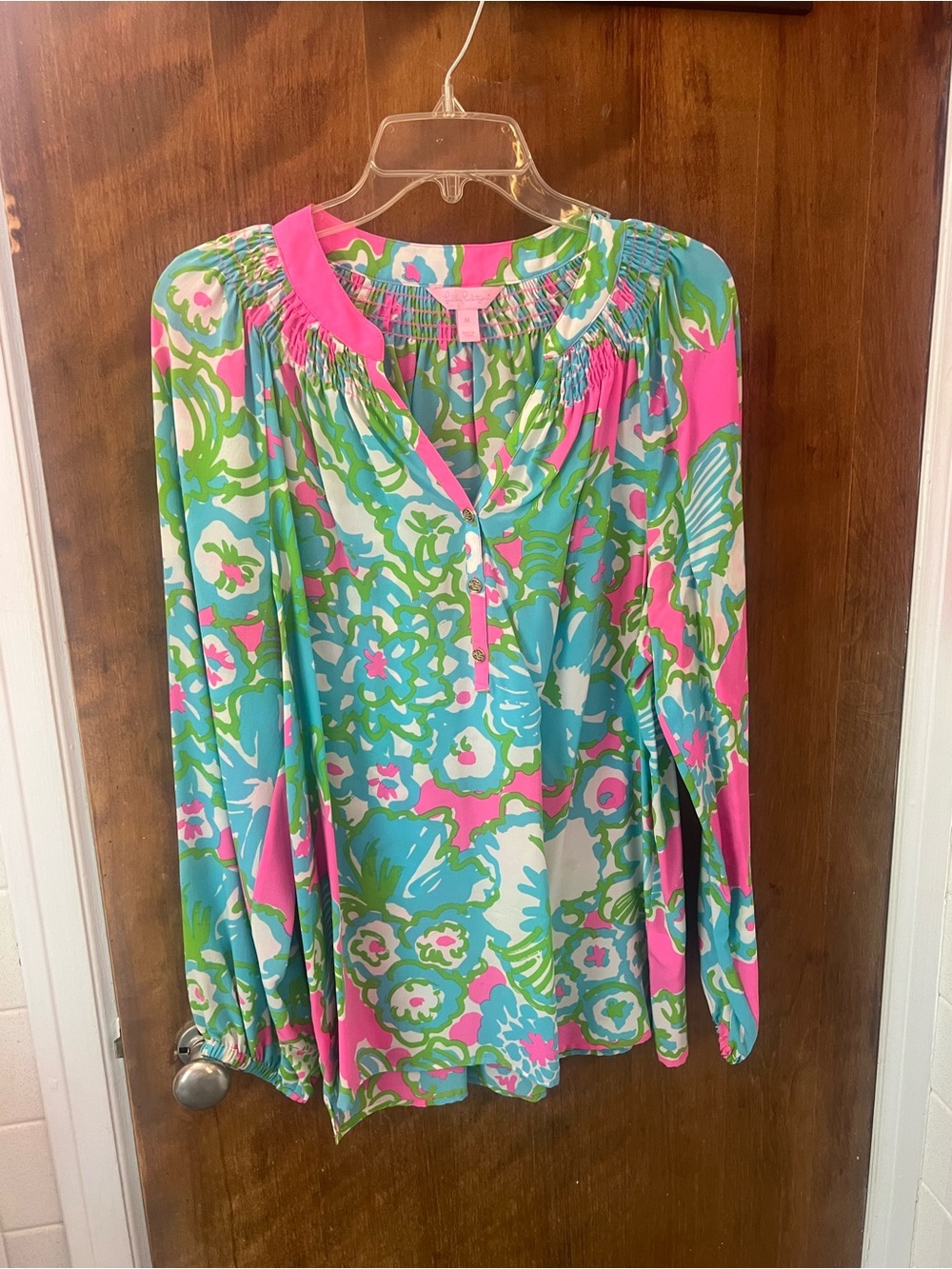 Lilly Pulitzer Pink, Teal & Green Floral Long-Sleeve Blouse